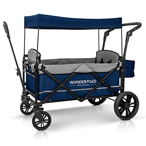 WONDERFOLD X2 Push & Pull Double Stroller Wagon (2 Seater) Featuring 5 Point Harnesses, Adjustable Push Handle, Telescopic Pull Handle, and Removable UV-Protection Canopy, Midnight Blue