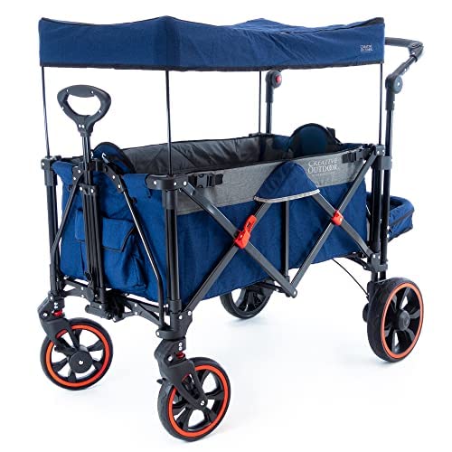 Creative Outdoor Wagon for Kids Push Pull Collapsible Stroller Folding Wagon | Titanium Series Plus | Beach Park Garden & Tailgate Navy Blue with Canopy