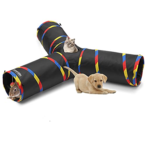 3 Way Cat Tunnels for Indoor Cats, Collapsible Tube 10 Inch Diameter & 43 Inch Longer Cat Tunnel Toy, Bell Ball for Pet Play Puppy Kitten Rabbit (Black)