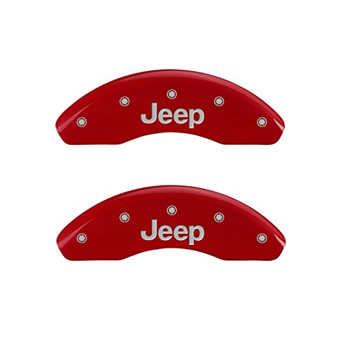 MGP Caliper Covers 42016SJPLRD Red Powder Coat Finish Front and Rear Caliper Cover, Set of 4 (JEEP JEEP Grill logo Silver Characters, Engraved)