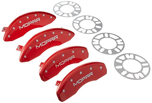 MGP Caliper Covers 42006SMOPRD Caliper Cover (Red Powder Coat Finish, Engraved Front and Rear: MOPAR, Silver Characters, Set of 4)