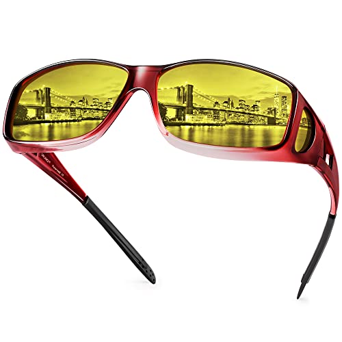 URUMQI Night Vision Driving Glasses Fit Over Glasses for Men Women, Anti Glare Polarized Nighttime Glasses HD Yellow Lens Wraparound