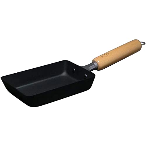 TIKUSAN Takumi Cast Iron Japanese Tamagoyaki Omelet Pan with Wooden Handle, Made in Japan Magma Plate Traditional Rectangular Pre-Seasoned Cast Iron Pan for Rolled Egg Omelet (Small)