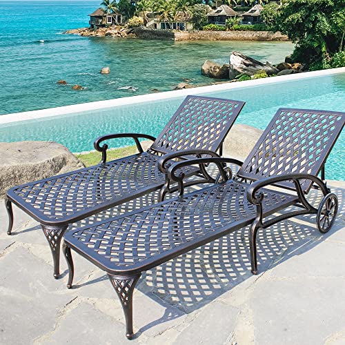 HOMEFUN Chaise Lounge Outdoor, Cast Aluminum Lounge Chairs Set of 2 for Outside Pool Tanning Chairs with Adjustable Backrest and Moveable Wheels, Bronze