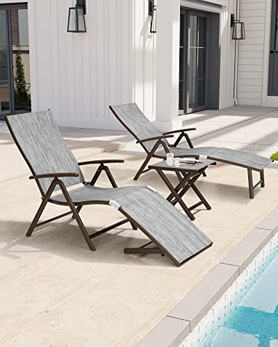 Crestlive Products Folding Patio Chaise Lounge Chair for Outside, Aluminum Adjustable Outdoor Pool Recliner Chair, Brown Frame, 8 Positions (2PCS Dark Gray Lounge Chair with 1PC Table)