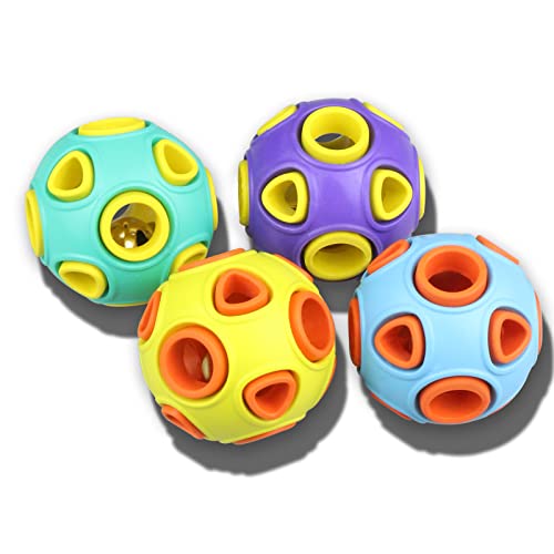 SCHITEC Dog Balls with Bell Sound, [4 Pack] Rubber Bouncy Fetch Ball for Puppies Small Dogs, 2 Interactive Pet Chew Toys
