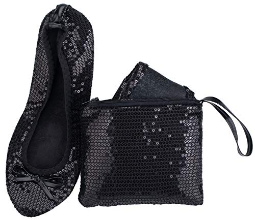 Women's Portable Foldable Ballet Flats Shoes Pumps Roll Up Slippers with Travel Pouch Bag (M, Black Sequin)