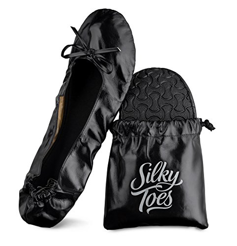 Silky Toes Women's Foldable Portable Travel Ballet Flat Roll Up Slipper Shoes with Matching Carrying Pouch (Extra Large, Black) 
