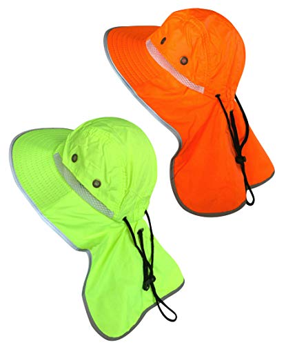 Men High Visibility Sun Hat with Neck Flap Wide Brim Boonie Hat Bucket Cap Packable Adjustable (2PCS (Orange+Lime))