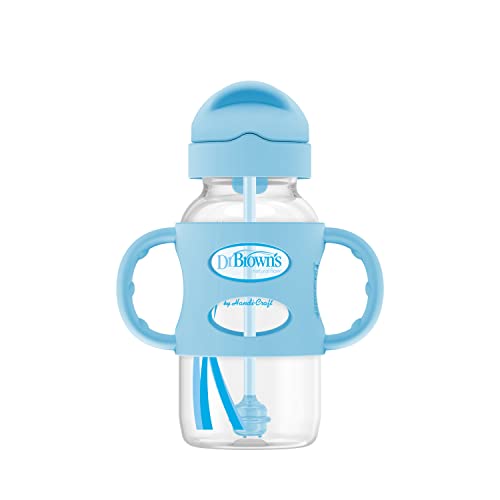 Dr. Browns Milestones Wide-Neck Sippy Straw Bottle with 100% Silicone Handles, 9oz/270mL, Blue, 1 Pack, 6m+