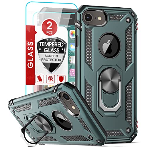 LeYi Compatible for iPhone 8 Case, iPhone 7 Case, iPhone 6s/ 6 Case with [2 Pack] Tempered Glass Screen Protector, Military-Grade Phone Case with Ring Kickstand for iPhone 6/6s/7/8, Midnight Green