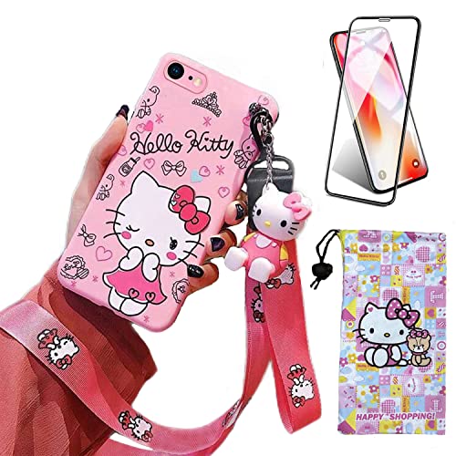 Ealievor Cartoon Case for iPhone SE 2022/2020 iPhone 7 8 with Screen Protector, Cute Funny Kawaii Cat Kitty Animal Character Phone Case Silicone Lanyard 3D Cover Case for Kids Girls and Womens