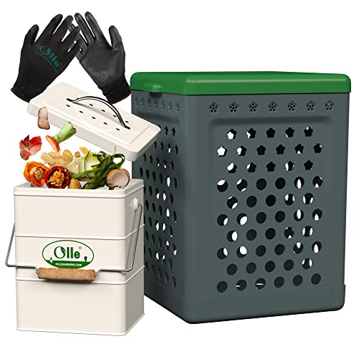 Indoor Outdoor Compost Bins Set 1 Gallon Kitchen Compost Bin Countertop with Lid 8 Gallon Worm Compost Outdoor Bundled with Gardening Gloves and a Jute Blanket Easy to Setup Garden Compost System