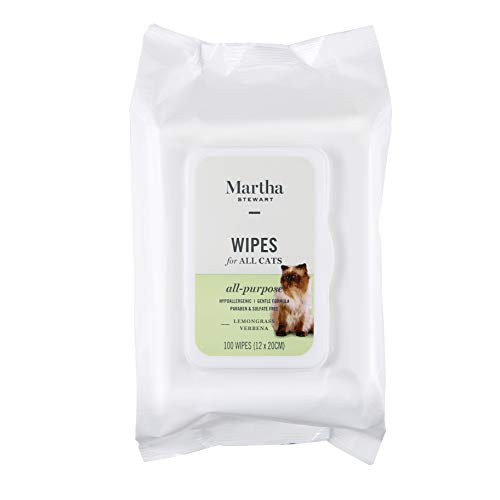 Martha Stewart for Pets Lemongrass Verbena Cat Wipes | Hypoallergenic Cat Bath Wipes, 100 Count | Easy and Effective Way to Clean your Cat Without A Bath