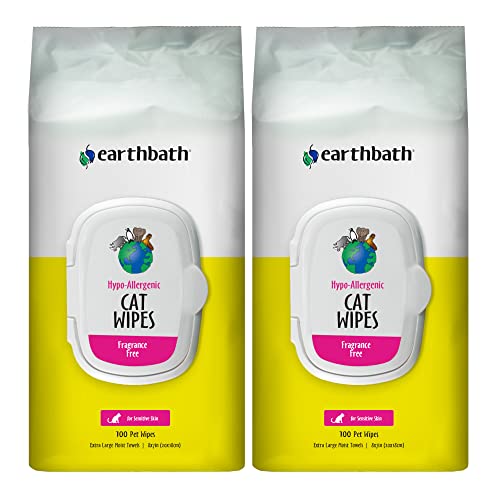 earthbath Fragrance-Free Hypo-Allergenic Cat Wipes - for Sensitive Skin and Allergies, Aloe Vera, Vitamin E - Safely & Easily Wipe Away Your Feline Friend's Dander and Dirt - 100 Count (Pack of 2)