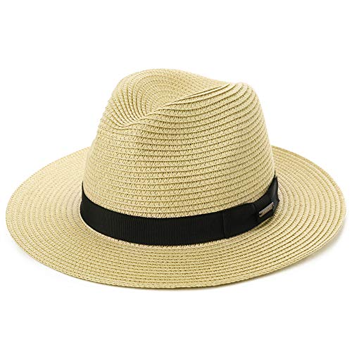 Comhats Men Sun Straw Fedora Hat for Women,Packable Beach Hat Wide Brim Panama Hat UV UPF 50+ Summer Hat Unisex Beige L