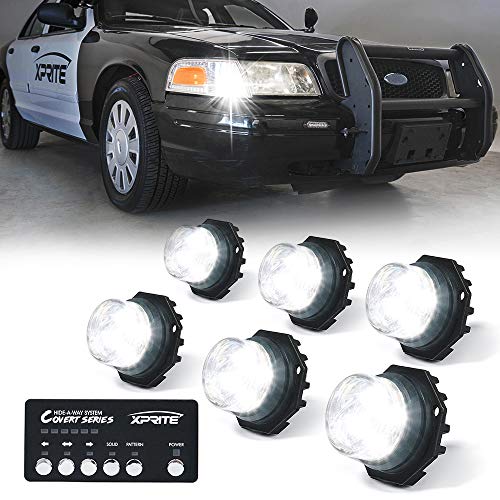 Xprite White LED Hideaway Emergency Strobe Lights Kit, 20 Flashing Modes w/Controller Headlights Taillights Fog Light Mounting, Hazard Warning Caution Light for 12V Vehicles Pickup Trucks Vans 6PCS