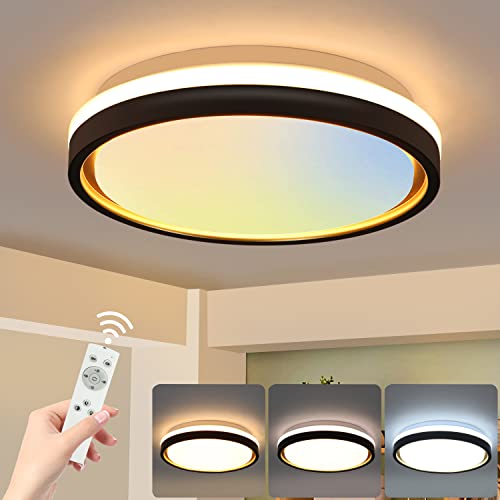 Hurrah LED Ceiling Light Fixture with Remote Control - 17W Flush Mount Dimmable Ceiling Lamp Black Round 2700K-6500K 11.8in Close to Ceiling Lighting for Bedroom Living Room Hallway Kitchen