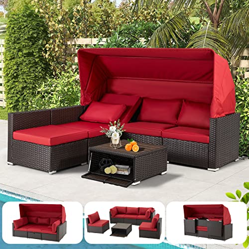 HOMREST 6 Pieces Patio Furniture Sets, Rattan Daybed with Retractable Canopy, Outdoor Sectional Sofa Set with Adjustable Backrest, Chaise Chair Sunbed for Garden Poolside Backyard (Wine Red)