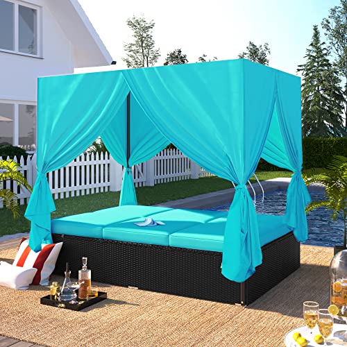 LUMISOL Outdoor Patio Sunbed with Retractable Canopy Sun Lounger Daybed with Curtains Garden Furniture (Blue)