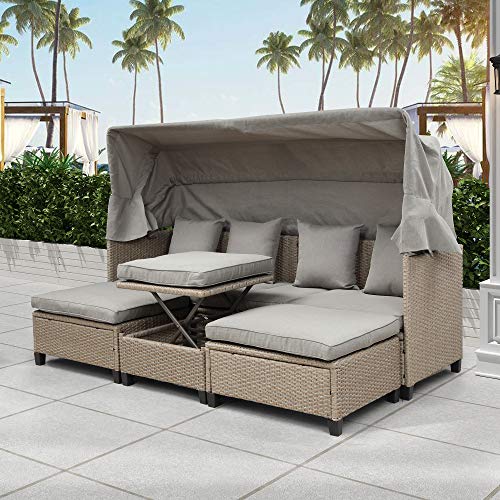 Quarte 4 Piece Outdoor Sectional Sofa Set, Patio UV-Proof Resin Wicker Sofa Set with Retractable Canopy, Cushions and Lifting Table