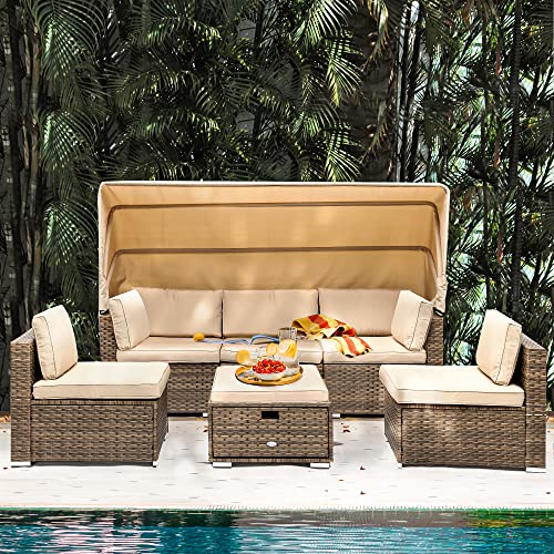 YITAHOME Patio Wicker Sofa Daybed Furniture Set with Retractable Canopy, Storable Side Table Outdoor Lounger with Soft Cushions for Backyard Porch (Light Brown + Beige)