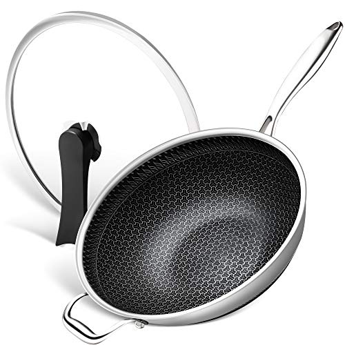 MICHELANGELO Wok Pan with Lid, 12.5 Inch Stainless Steel Woks & Stir-fry Pans with Stay Cool Handle, Flat Bottom Wok with Vertical Lid, Induction Wok, Dishwasher and Oven Safe