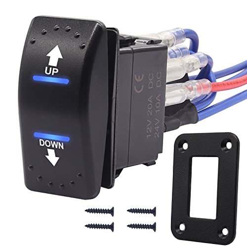 weideer Polarity Reversing Momentary Rocker Switch 20A 12V DC Motor Control 7Pin Up Down Blue LED Winch in/Out Switch with Aluminum Plate Screw Pigtail Wire K-053-M-BU-XB
