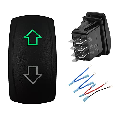 BACAUTOPARTS 12V Green Up Down Momentary Rocker Switch with Wires 7Pins (On)-Off-(On) DPDT Mom Switch for Car Marine Boat Truck Bus Caravan Camper Car Tuning Accessories (Arrows)