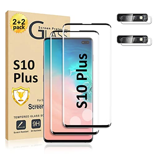 Micger 2 Pack Galaxy S10+ Plus Screen Protector 2+2 Pack Camera Lens Protector, Easy Installation, 3D Glass Curved Full Coverage 9H Hardness Tempered Glass Screen Protector for Samsung Galaxy S10 Plus