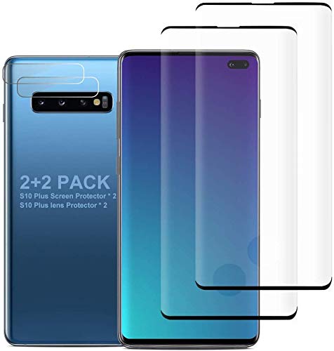 [2+2 Pack] Galaxy S10 Plus Screen Protector Include 2 Pack Tempered Glass Screen Protector + 2 Pack Tempered Glass Camera Lens Protector,9H Hardness,3D Curved,Anti-Scratch for Samsung Galaxy S10 Plus