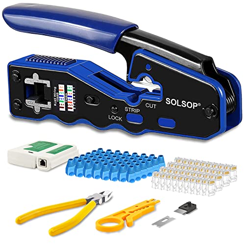 Solsop Network/Phone Cable Tester RJ45 Crimp Tool Pass Through Modular CAT6 Crimping Tool Kit, 50PCS CAT6 Pass Through Connectors, 50PCS RJ45 Boots, Mini Wire Stripper, Wire Cutter plier