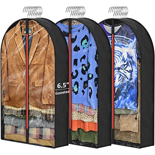 [Newest] Garment Bags for Hanging Cloths, 6.5" Gussetes 40" Moth Proof Cover Suits Bag with Zipper for Closet Storage Travel, Clear Storage Bags Protecting Coat Sweater Jacket Shirts, 3 PACK-BLACK.