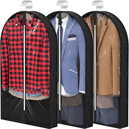 40" Clear Garment Bags for Hanging Clothes Storage with 4" Gussetes,Moth Proof Suits Bags for Closet Storage Travel,Clothing Storage Bags for Coat, Jacket, Sweater, Shirts,3 Packs,Black