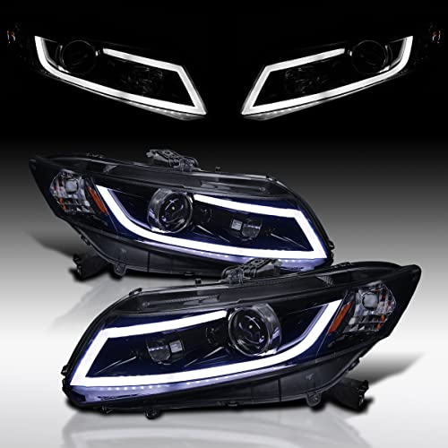 Autozensation Compatible with 2012-2014 Honda Civic 4DR 2012-2013 Honda Civic 2DR Headlights W/LED Light Bar Glossy Black Housing Smoke Lens L + R Pair Headlamp