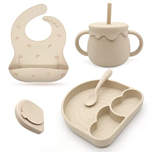 Santi & Me Baby Feeding Set Divided Plate with Suction, Adjustable Silicone Bib, Toddler Training Sippy Cup with Straw, Baby Led Weaning Spoon, Rainbow Plate Dishes and Utensils Set(Beige)
