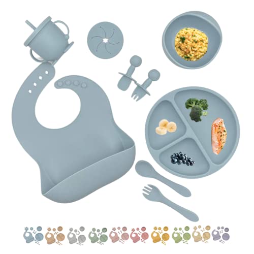 Baby Led Weaning 10 Piece Feeding Eating Supplies | Strong Suction Plate Silicone Cup Snack Lid Drink Lid with Straw Silicone Suction Bowl Bib Spoons Forks Baby Tableware Set 6MonthsToToddler (Blue)