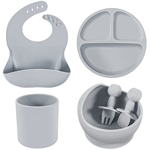 6 Pack Silicone Baby Feeding Set Baby Led Weaning Supplies with Suction Bowl Divided Plates Bib Tiny Cup Baby Dishes with Spoon Fork, Toddler Infant Self Feeding Eating Utensils Set(Gray)