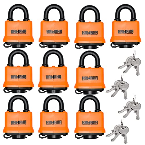 KAWAHA 91/40-10P Waterproof Laminated Padlocks with Key (Heavy Duty, Keyed Alike, Laminated Steel Body with Thermoplastic Case) for Garage, Fence, Shed, Yard, Outdoor & Indoor (1.75 in.)*10