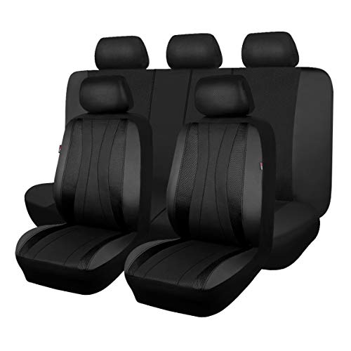 Flying Banner car seat Covers Full Set Faux Leather Air Mesh Breathable Man Lady Airbag Compatible Rear Bench Split 40/60 50/50 60/40 Truck Pick Up (Full Set -- Low Back, Black Black)