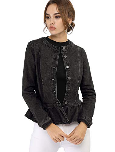 Allegra K Women's Peplum Denim Jackets Collarless Round Neck Button Down Cropped Ruffle Hem Jacket Medium Black