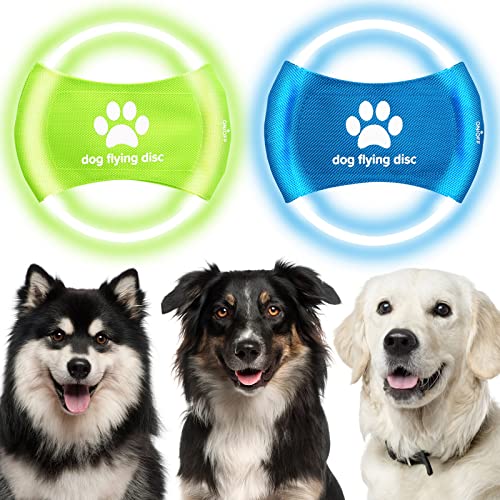 ZZYHSYXL 7 Inch Light Up Dog Flying Discs, 2 Pack Outside Dog Toys with 3 Light-Emitting Modes, Dog Flying Ring Toys for Physical Exercise, Outdoor Sports - Green Blue