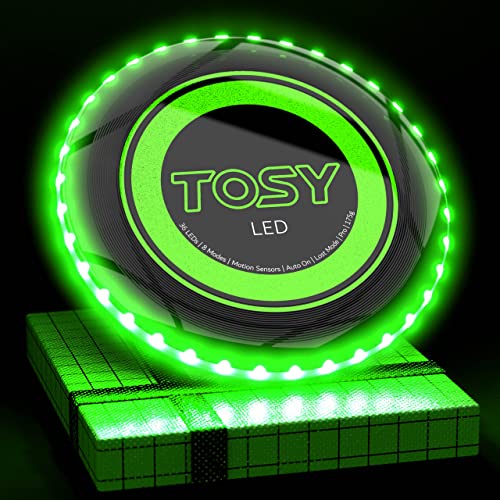 TOSY Ultimate Flying Disc - Extremely Bright - 36 LEDs - Motion Detection - Rechargeable - Adjustable Brightness & Timer Modes - 175 Grams (Green)