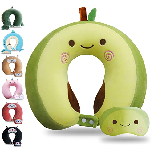 Sexysamba Cartoon Headrest & Neck Pillow for Kids Boys & Girls, Teens, Travel Accessories for Airplane, Car, Recline, Memory Foam Cute Travel Pillow with Sleep Eye Mask - Avocado