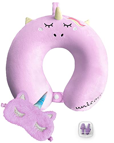 urnexttour Travel Neck Pillow for Kids, Unicorn Memory Foam Pillow with Cute Sleep Mask & Earplugs, Lightweight Travelling Pillow Set for Airplane , Car, Train, Bus and Home Use (Purple)