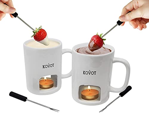 Kovot Personal Fondue Mugs Set of 2 | Ceramic Mugs for Chocolate or Cheese | Includes Forks and Tealights| Double Vented (White)