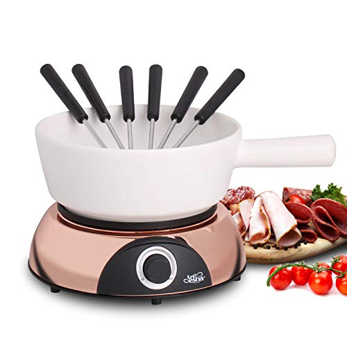 Artestia 2-QT Electric Fondue Pot Set 1500W Ceramic Chocolate Melting Pot Adjustable Temperature Control 6 Fondue Forks, Cool-Touch Handle, for Chocolate Cheese, White Ceramic Pot with Rose-Gold Base