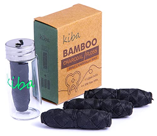 Kiba Bamboo Charcoal Floss w/ Reusable Floss Container 5 pc Kit (1 Glass Floss Container + 4x30m Dental Floss Refills) - Eco Friendly Floss w/ Candelilla Wax - Mint - Vegan