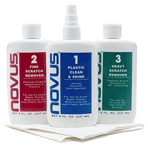 NOVUS-PK1-8 | Plastic Clean & Shine #1, Fine Scratch Remover #2, Heavy Scratch Remover #3 and Polish Mates Pack | 8 Ounce Bottles