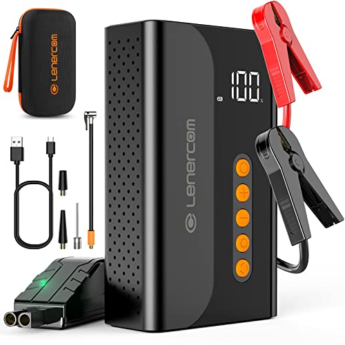 Jump Starter with Air Compressor,1000Amp 10400mAh Car Jump Starter with Quick Charge 3.0 (Up to 6.0L Gas or 3L Diesel Engine), 12V Car Battery Booster with LCD Screen & LED Light,Deluxe Package